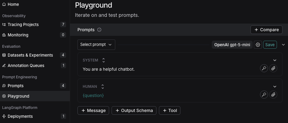 Playground with the system prompt ready for editing.
